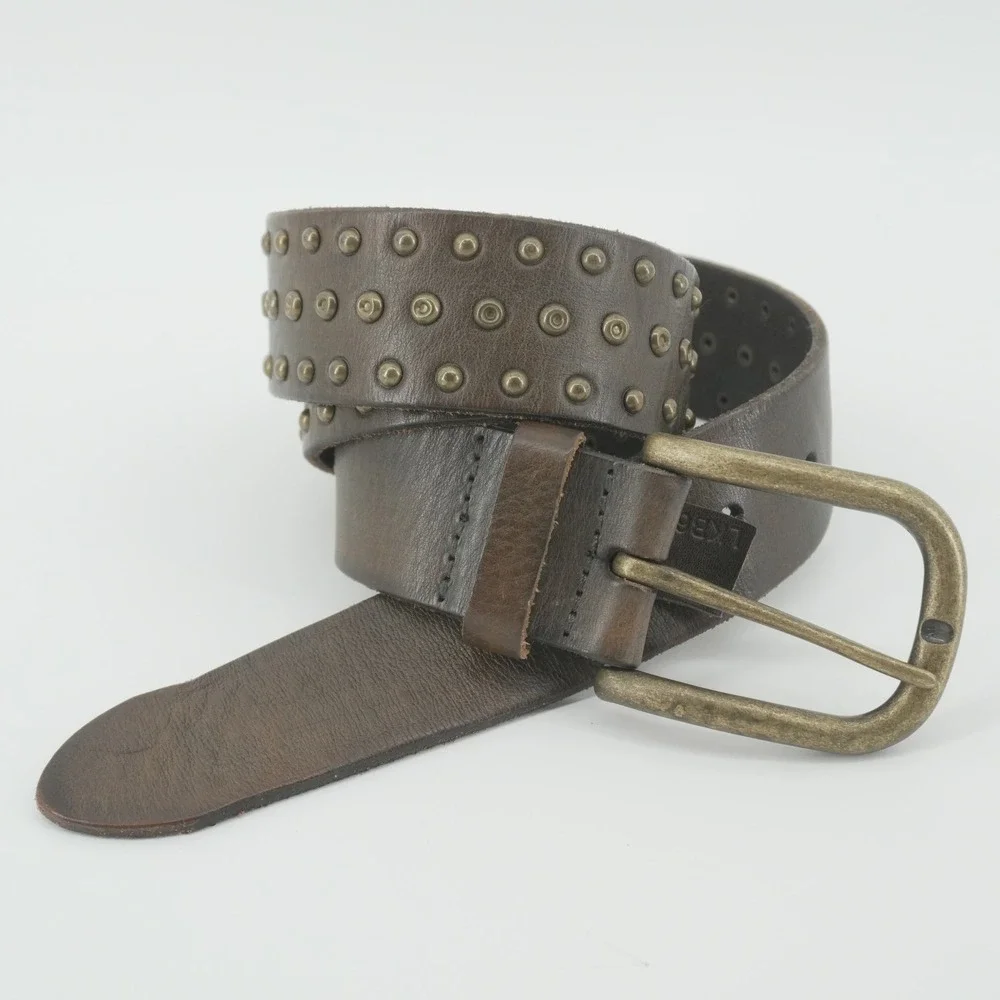 Liebeskind Berlin Studded Belt Womens 85cm Brown Leather Vintage Brass LKB606